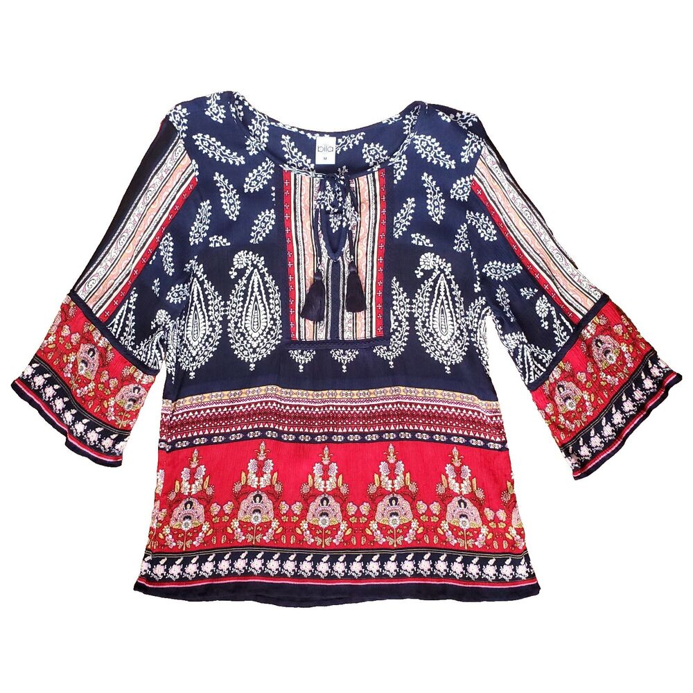 BILA Peasant Top Sz M Rayon Tunic Blue Red Paisley Floral 3/4 Sleeve Tassel Boho